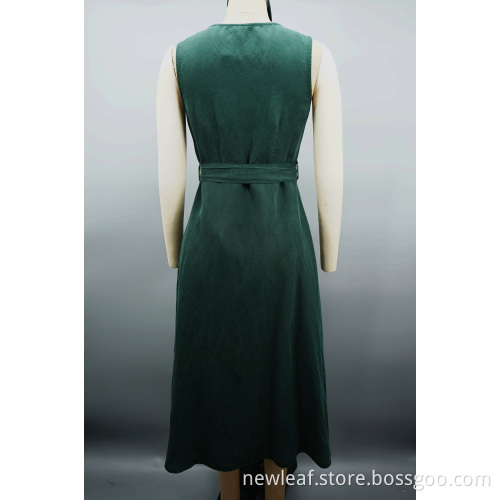 New Women Elegant Sleeveless Buckle Belt V-neck Dress